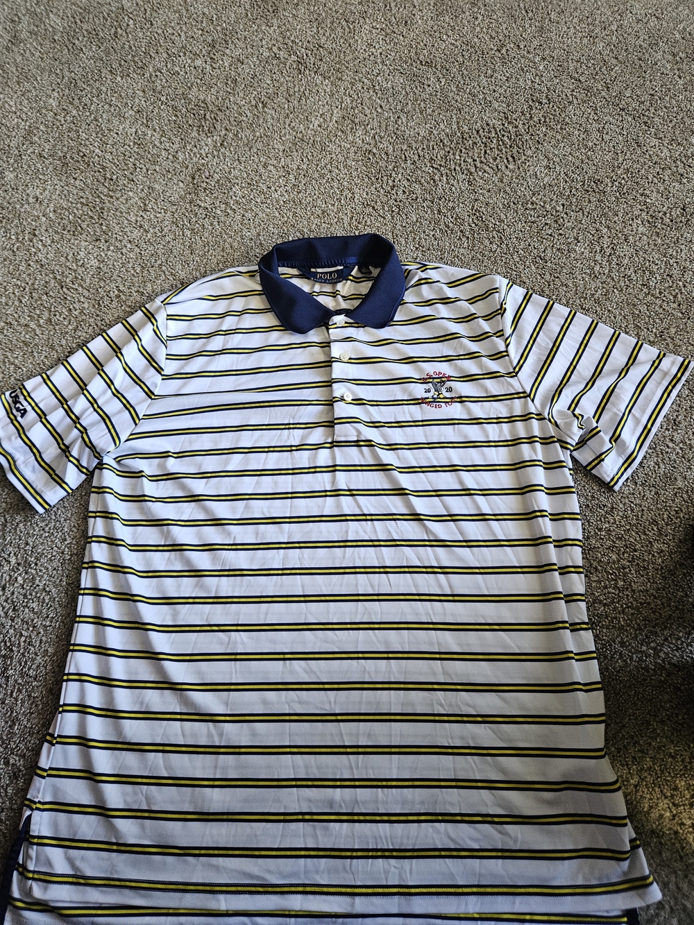 Ralph Lauren White Polo with Navy Collar and Yellow Stripes